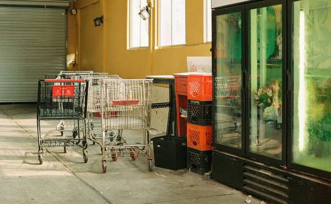 Busy Costco entrance with shopping carts and shoppers preparing to enter for weekly deals