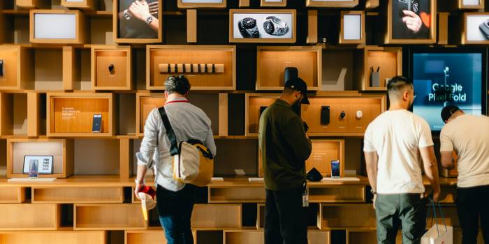 Shoppers browsing electronics in a Canadian tech store, looking for deals at The Source